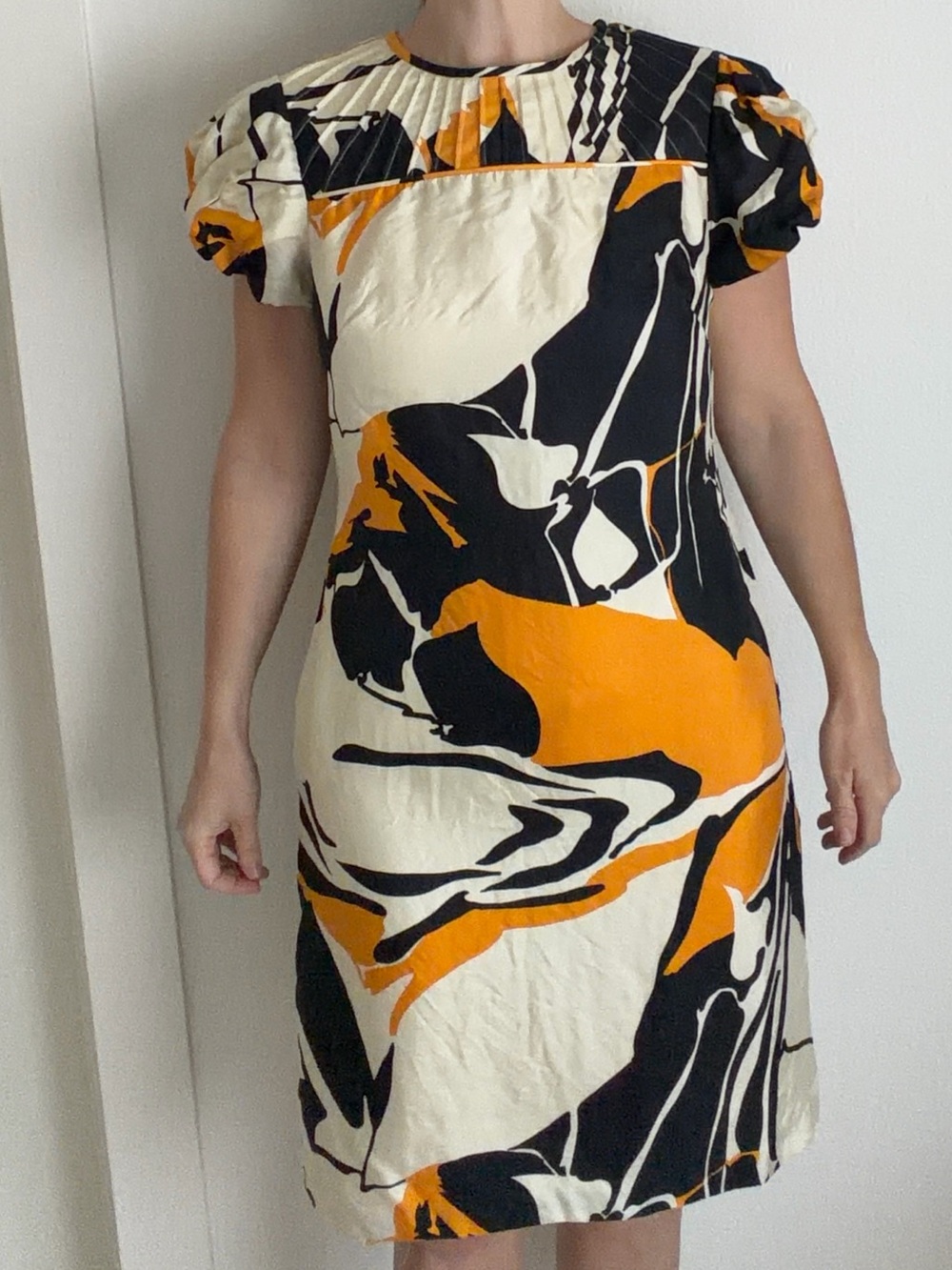 Abstract Print Puff-Sleeve Dress in Cream, Black & Orange